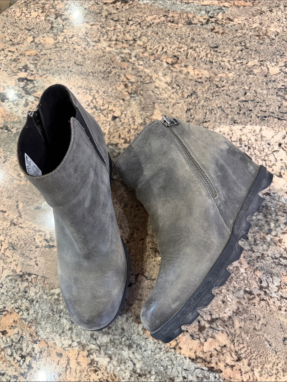 Sorel Gray Suede Wedge Zip Ankle Booties